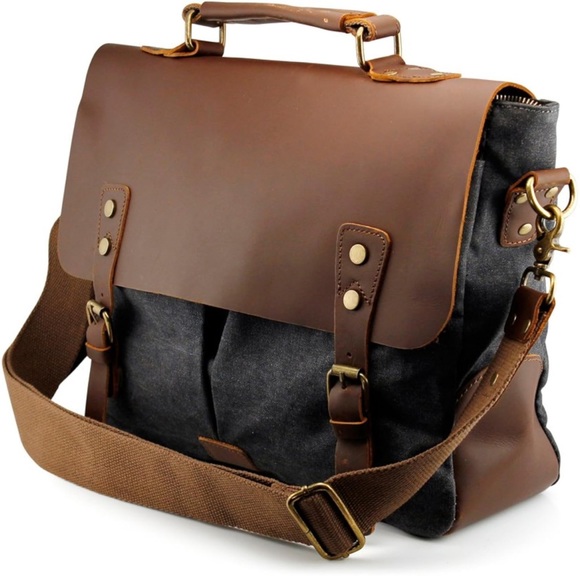 NEW Genuine Leather Canvas Messenger Bag - Picture 7 of 16